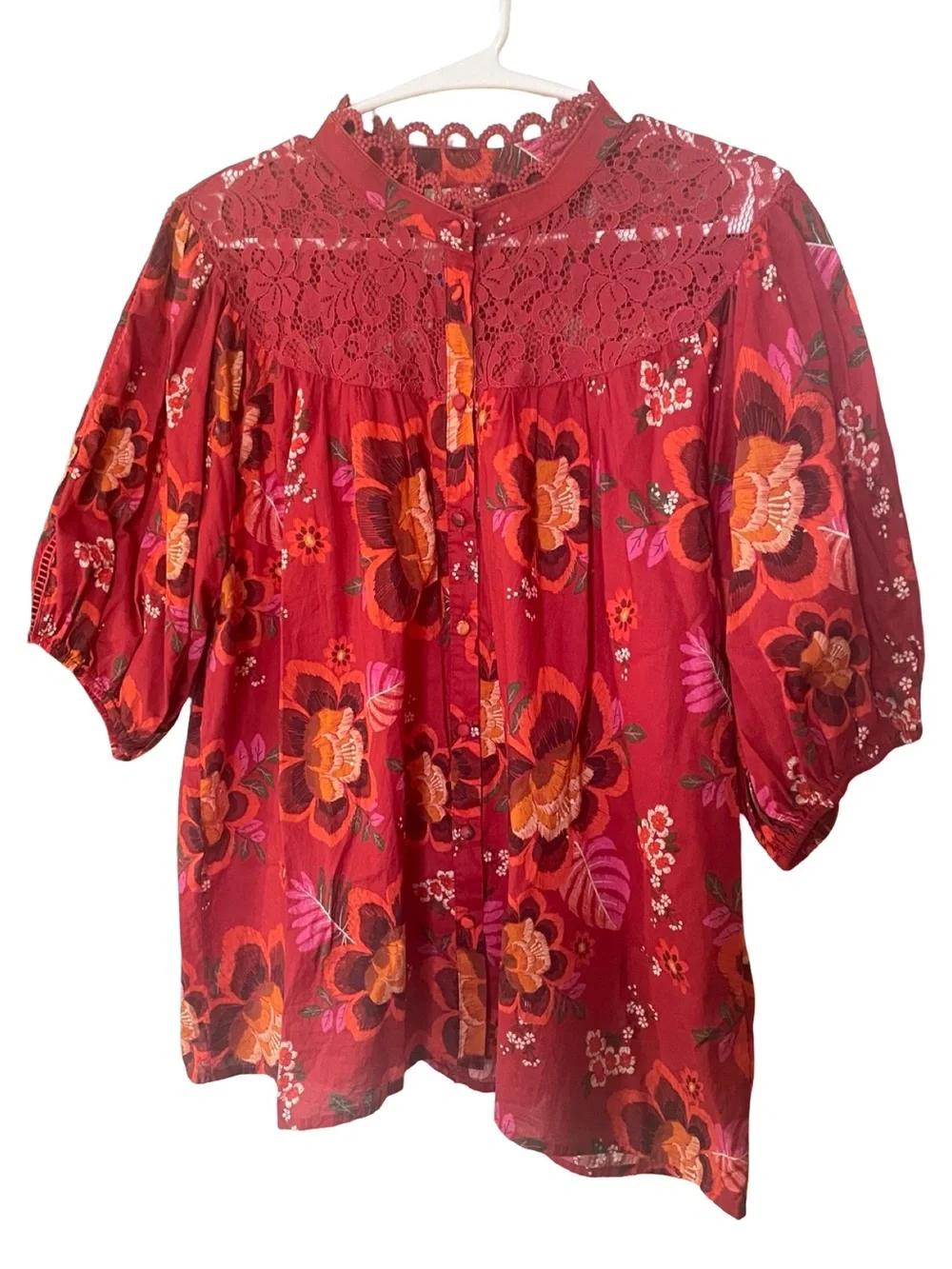 Anthropologie FARM Rio Giustina Lace Floral Cotton Blouse XL Red Puff Sleeve